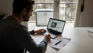 Consumatrice che controlla online la scheda tecnica di un armadio da esterno con checklist su materiali, garanzia e resistenza alla ruggine