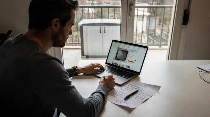 Consumatrice che controlla online la scheda tecnica di un armadio da esterno con checklist su materiali, garanzia e resistenza alla ruggine