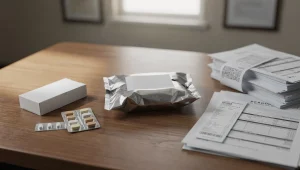 Confezione alimentare richiamata, farmaco, scontrino e documenti medici su un tavolo in studio legale