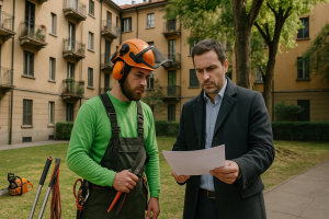 Amministratore e manutentore del verde controllano un preventivo in un cortile condominiale di Milano con alberi e attrezzature da potatura
