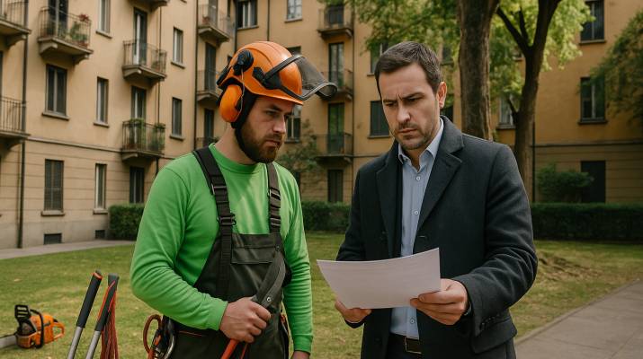 Amministratore e manutentore del verde controllano un preventivo in un cortile condominiale di Milano con alberi e attrezzature da potatura